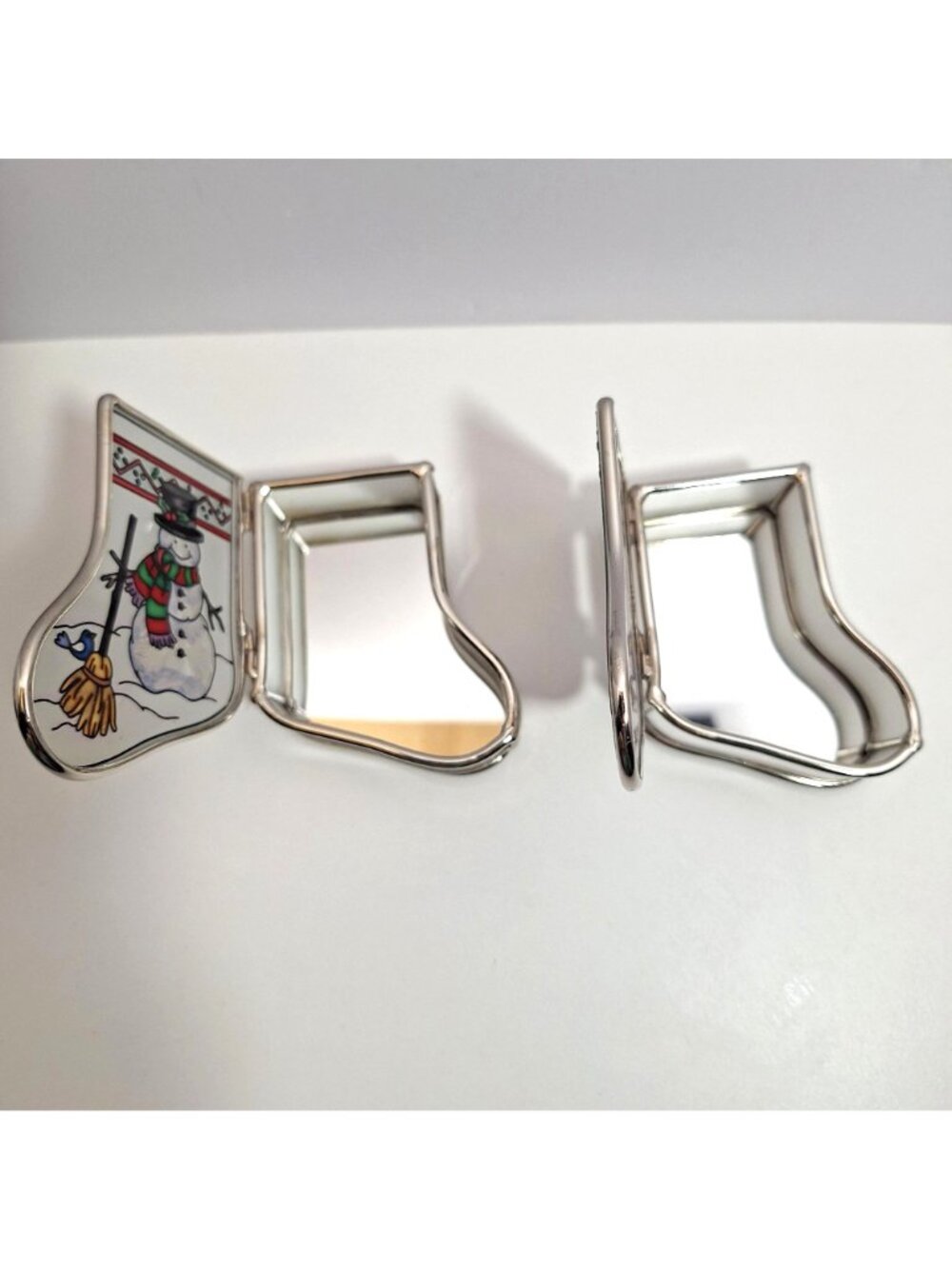 Snowman Stained Glass Mirrored Trinket Boxes Amia Hand Painted Stocking Lot of 2 - Picture 3 of 16